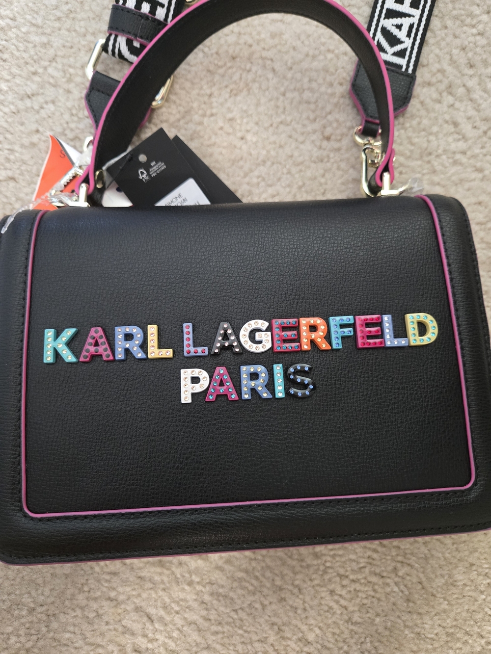 Karl Lagerfeld Black & White Logo Strap with Pink Accent NEW WITH TAGS!!! - Picture 2 of 4